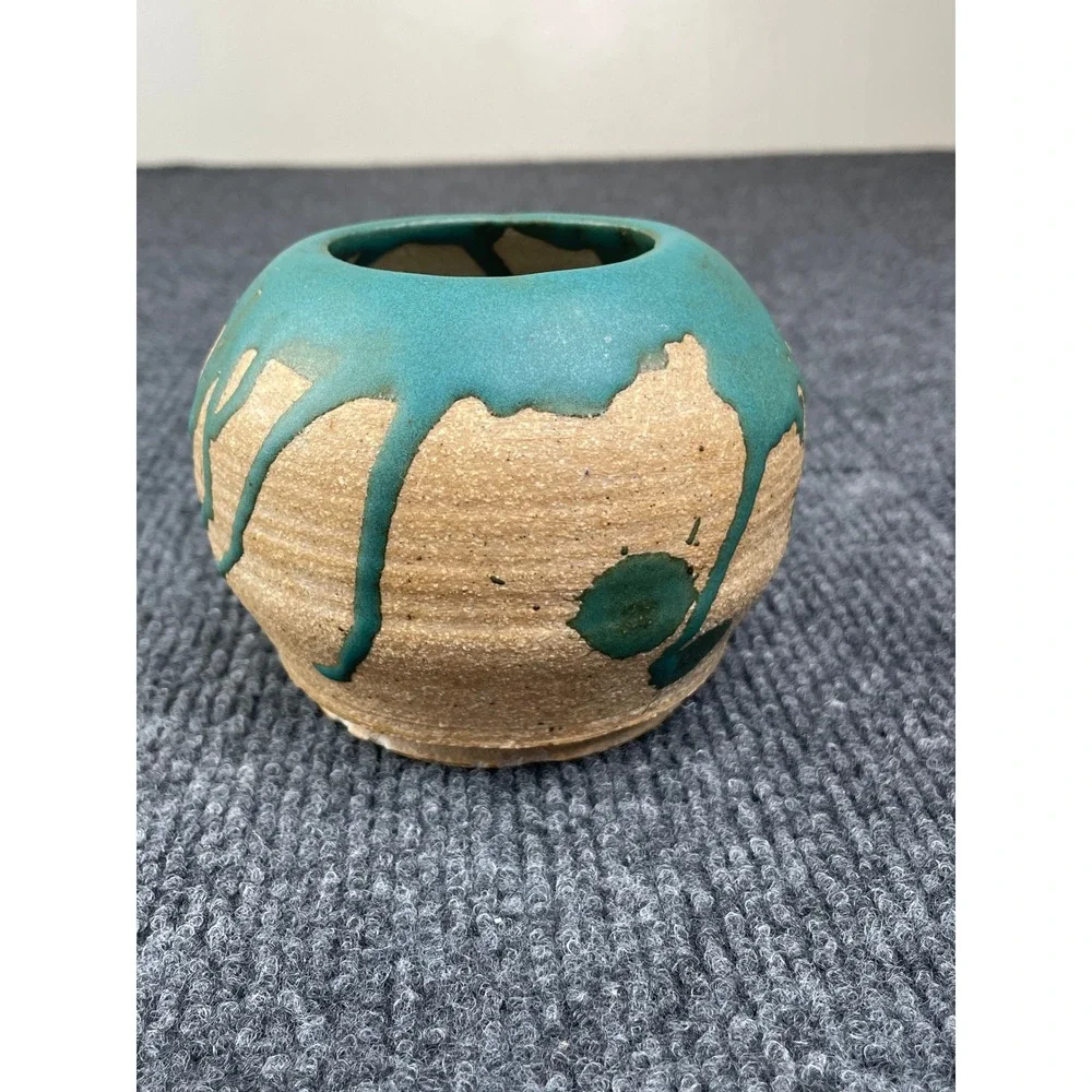 WEX H. Studio Pottery Bud Vase Teal Drip Glaze Tan Stoneware Signed Artisan 4